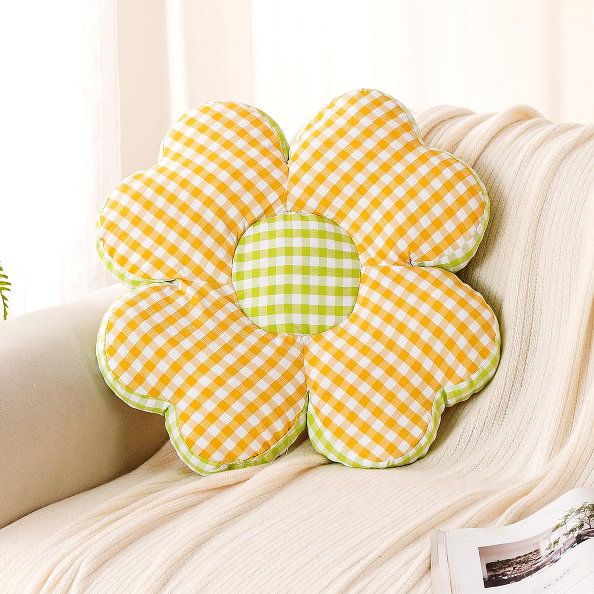 HOKIPO Checkered Daisy Flower Cushion for Sofa & Bed, 49 cm, Yellow