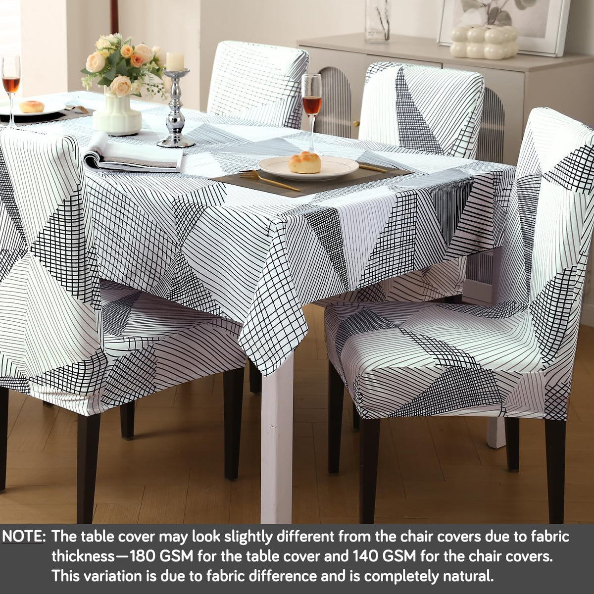 Elastic Dining Chair Covers with Matching Tablecloth, Snow White Black Geometry