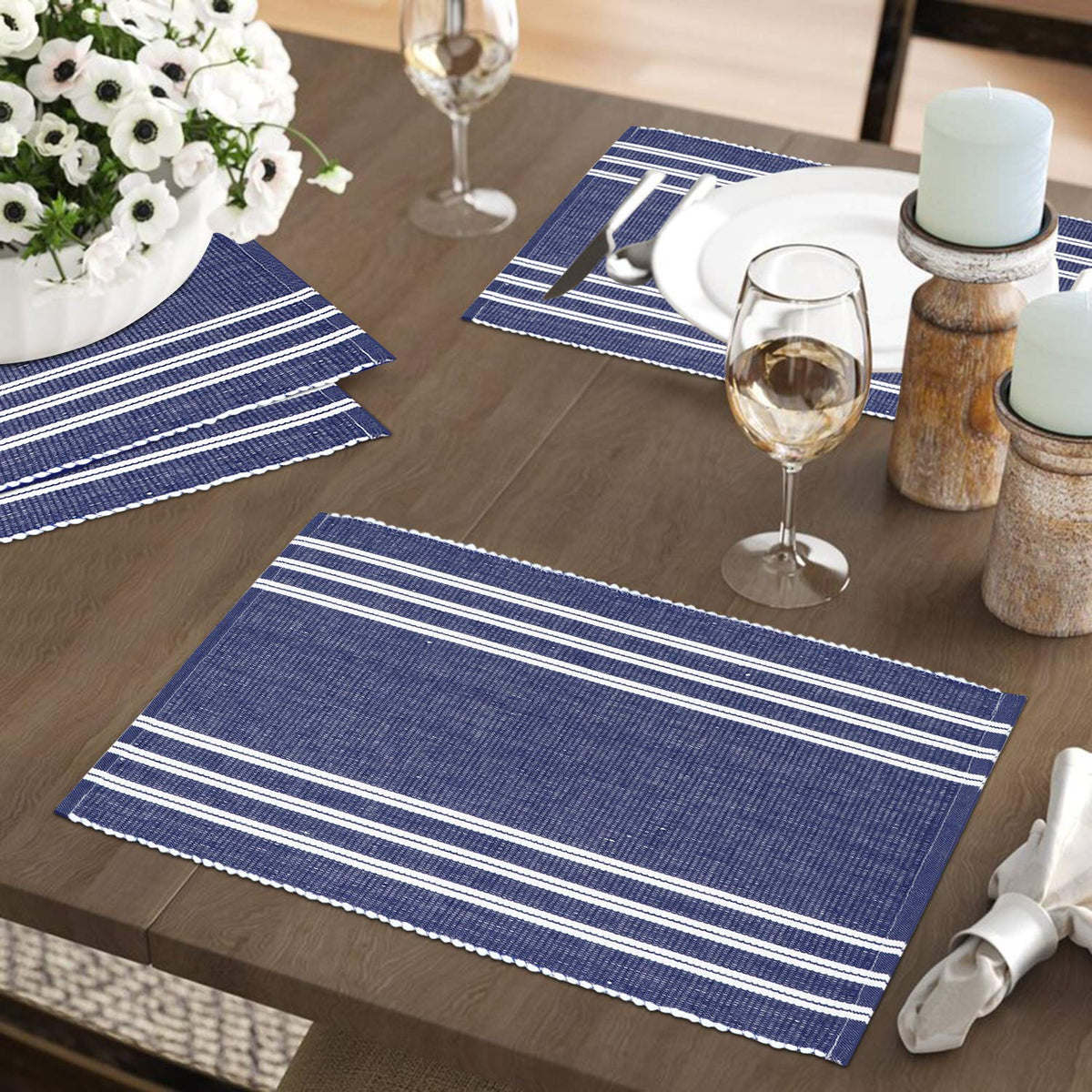 Ribbed Cotton Heat Resistant Dining Table Mat, Blue