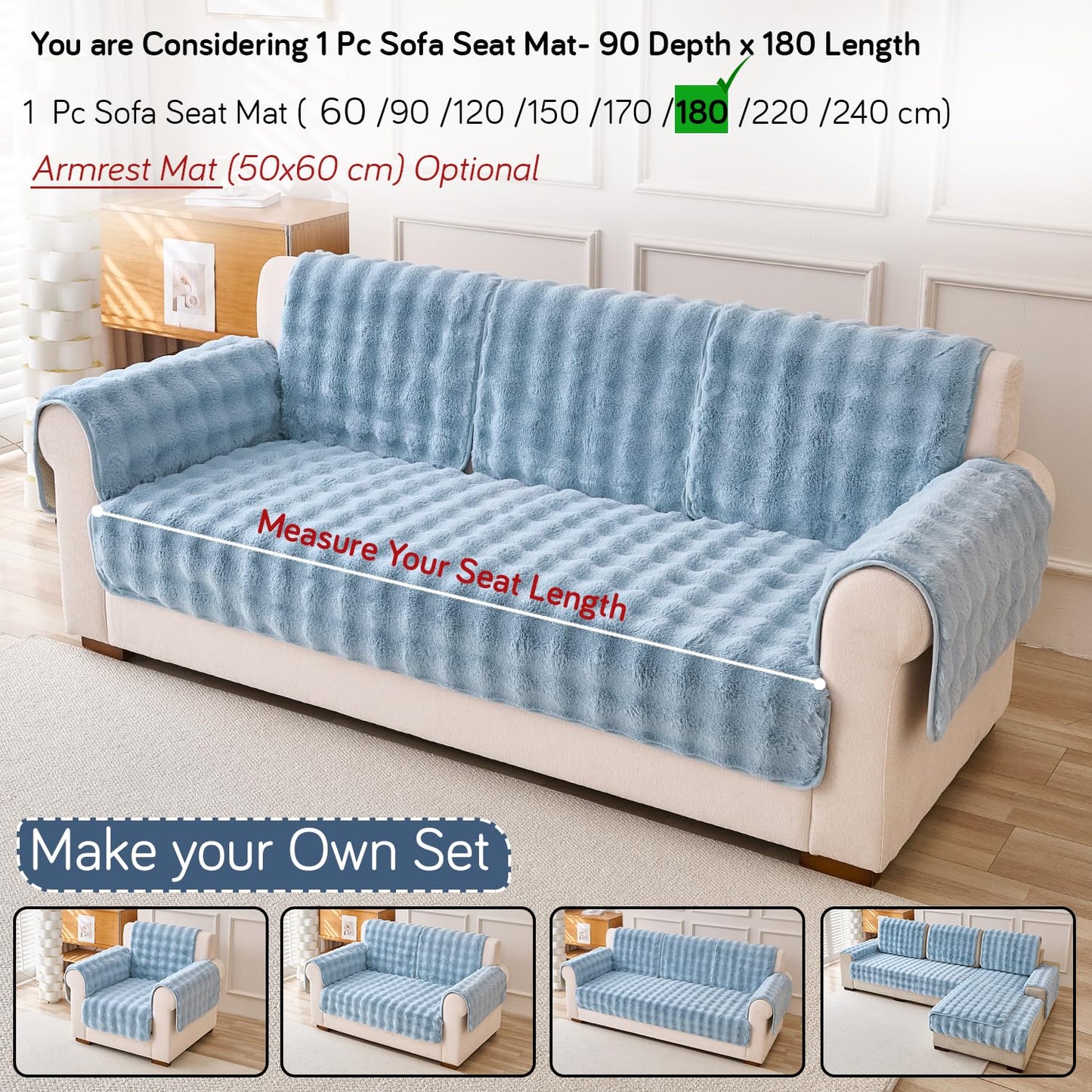 'FurHug' Premium Faux Rabbit Fur Sofa Seat Mats, Charm Blue