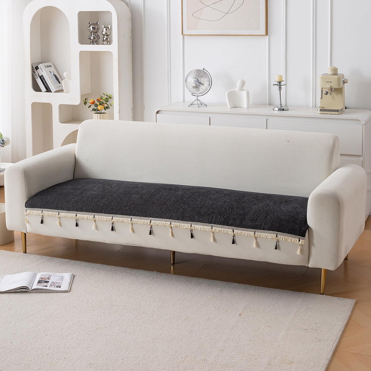 Serenity Tassel Chenille Sofa Cover with Tassel – Midnight Graphite