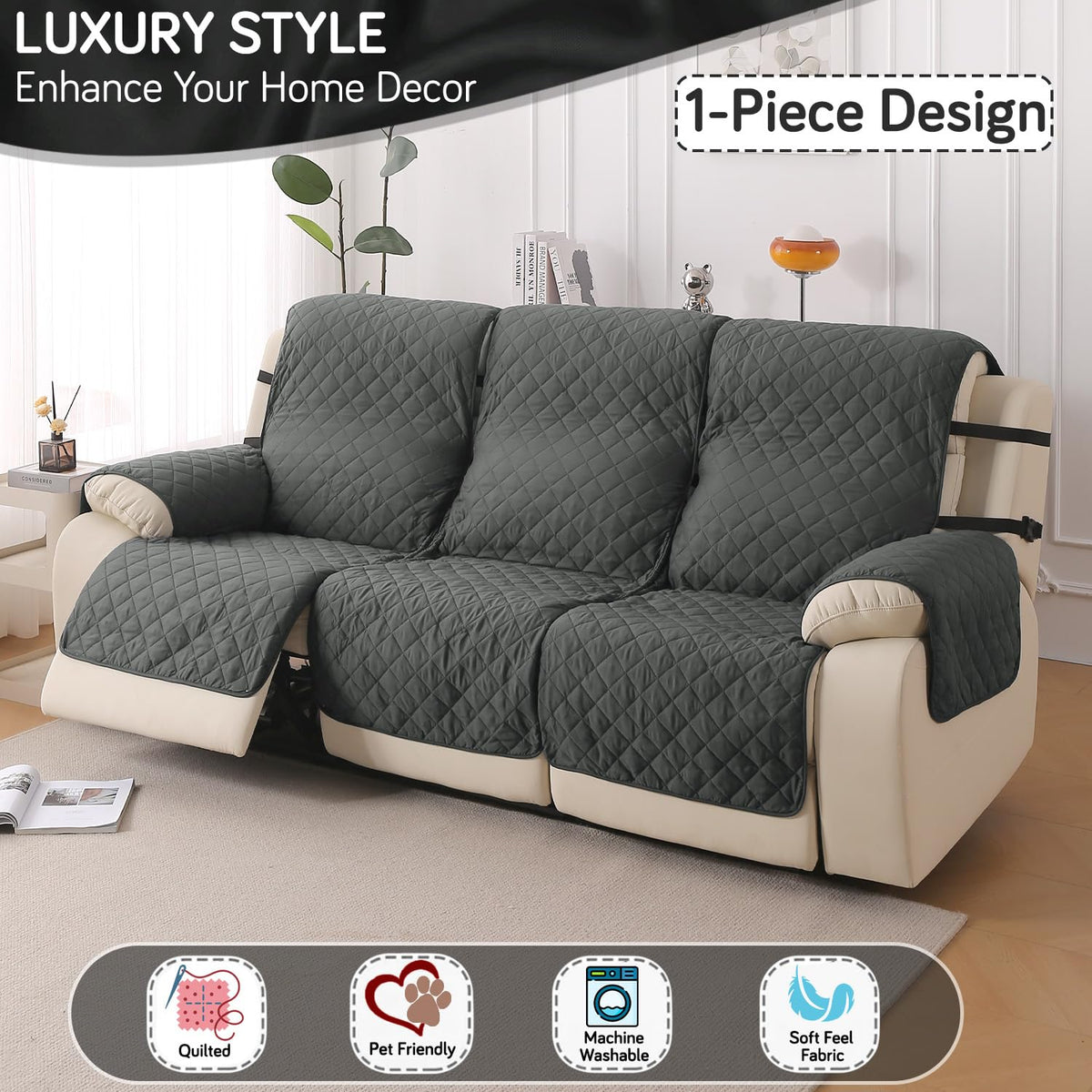 UrbanQuilt Recliner Sofa Slipcover Mat with Dual Belt for 1/2/3 Seater - Anchor Grey