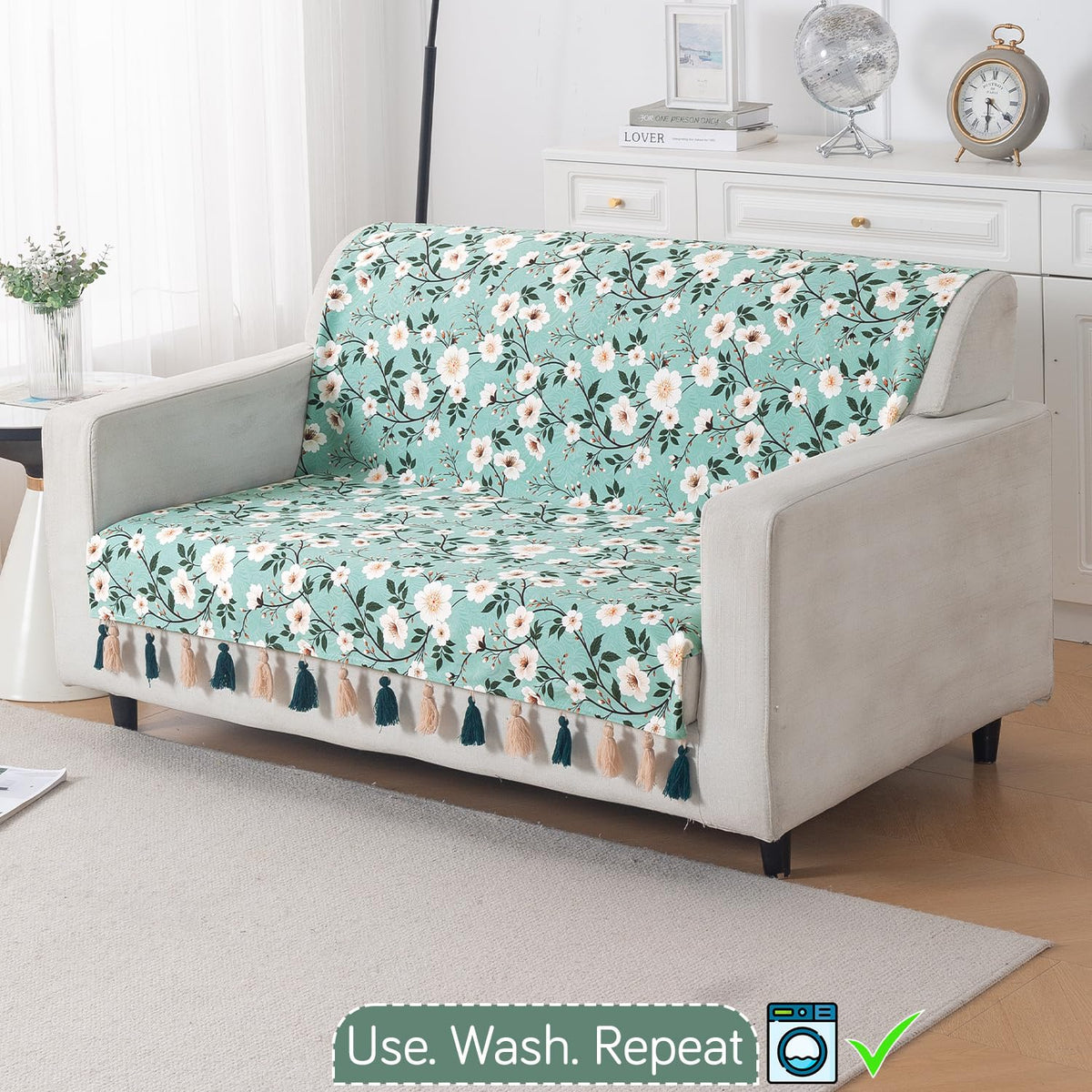 'Whispers of Nature' Series Holland Velvet Sofa Cover with Tassel, Sage Floral Vine