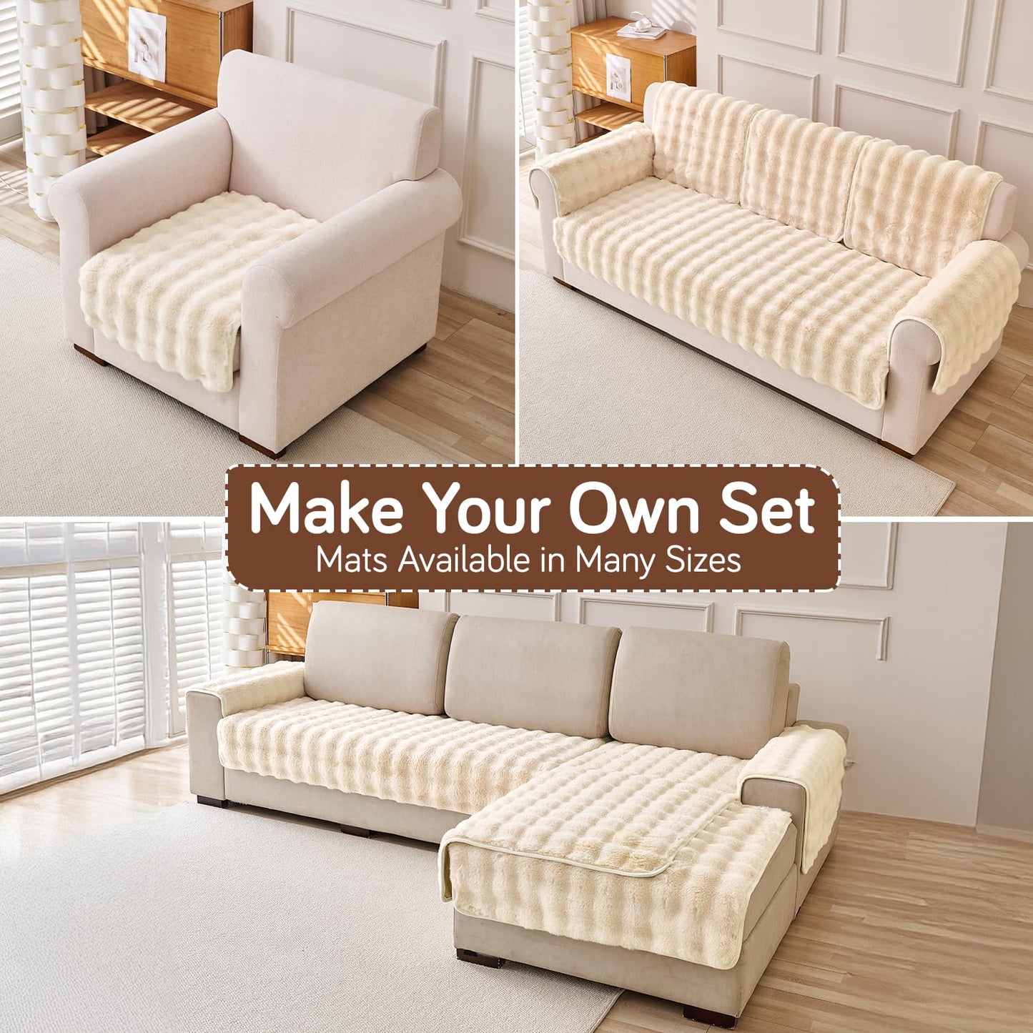 'FurHug' Premium Faux Rabbit Fur Sofa Seat Mats, Beige