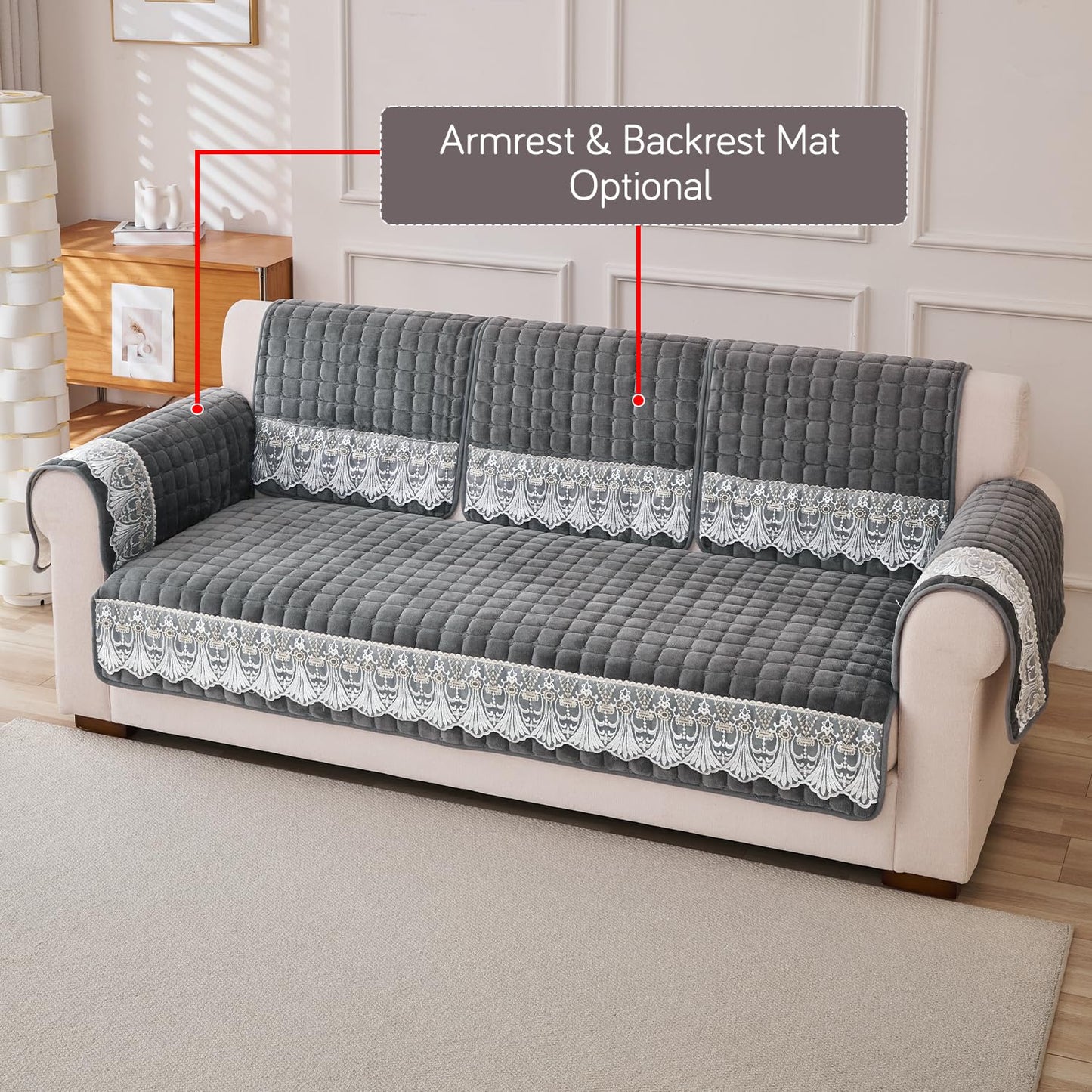 BelleLace Series Imperial Milk Velvet Sofa Cover Mat with Lace Design - Porpoise Grey