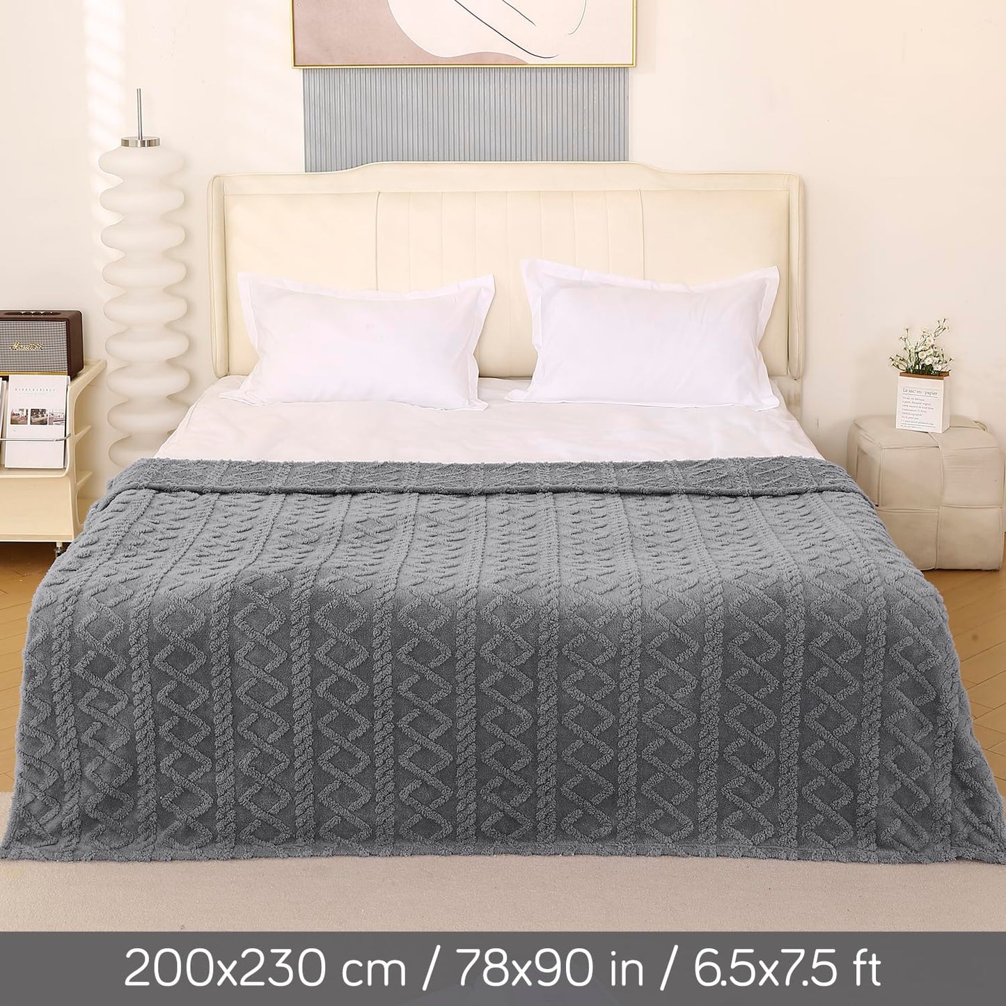 220 GSM Flannel AC Throw Blanket Double Bed Queen, 200x230 cm / 6.5x7.5 feet, Dark Grey