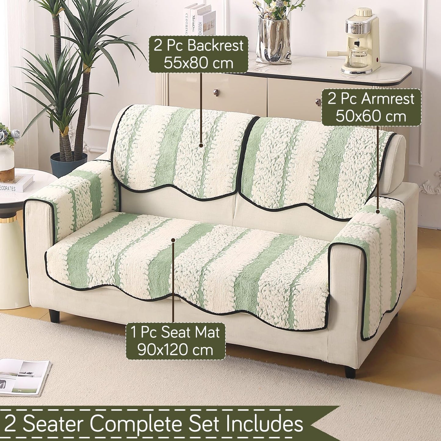 Luxury Sofa Cover Set | Seat, Back & Arm Covers | Anti-Slip Wavy Mat – Pistachio Green