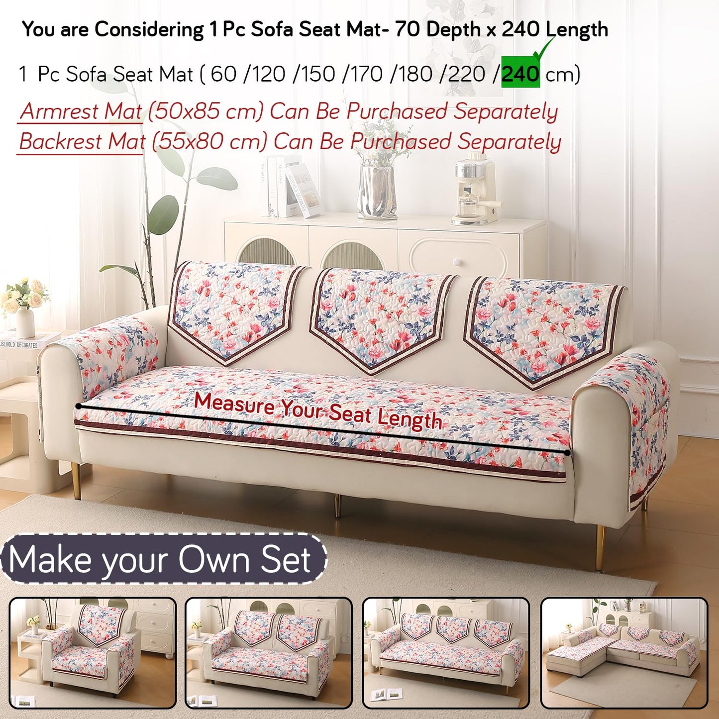 Florentina Series Premium Holland Velvet Sofa Cover Mat - Scarlet Rose Ivory