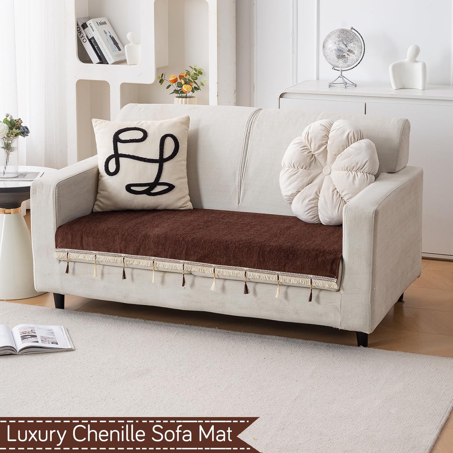 Serenity Tassel Chenille Sofa Cover with Tassel – Chestnut Luxe