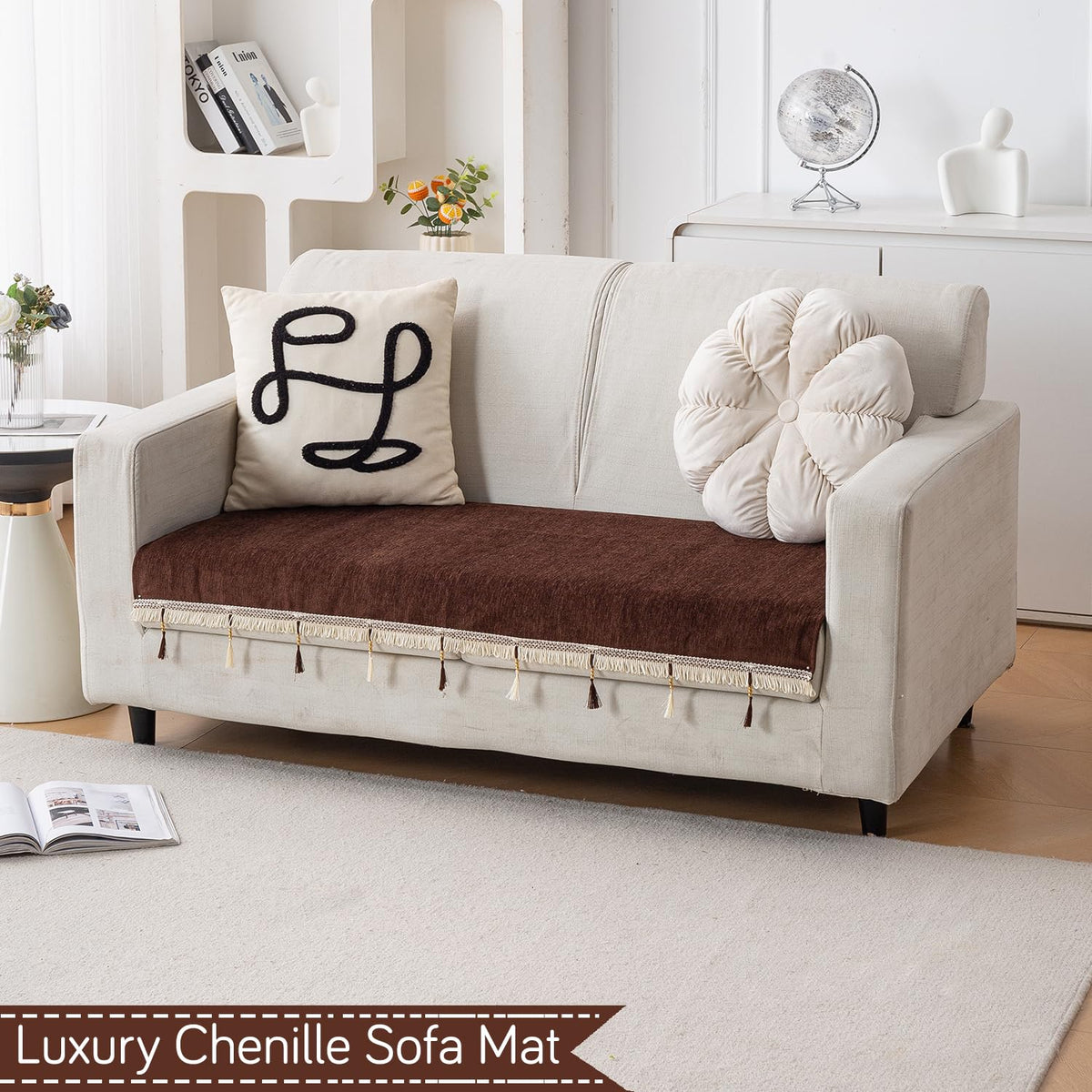 Serenity Tassel Chenille Sofa Cover with Tassel – Chestnut Luxe