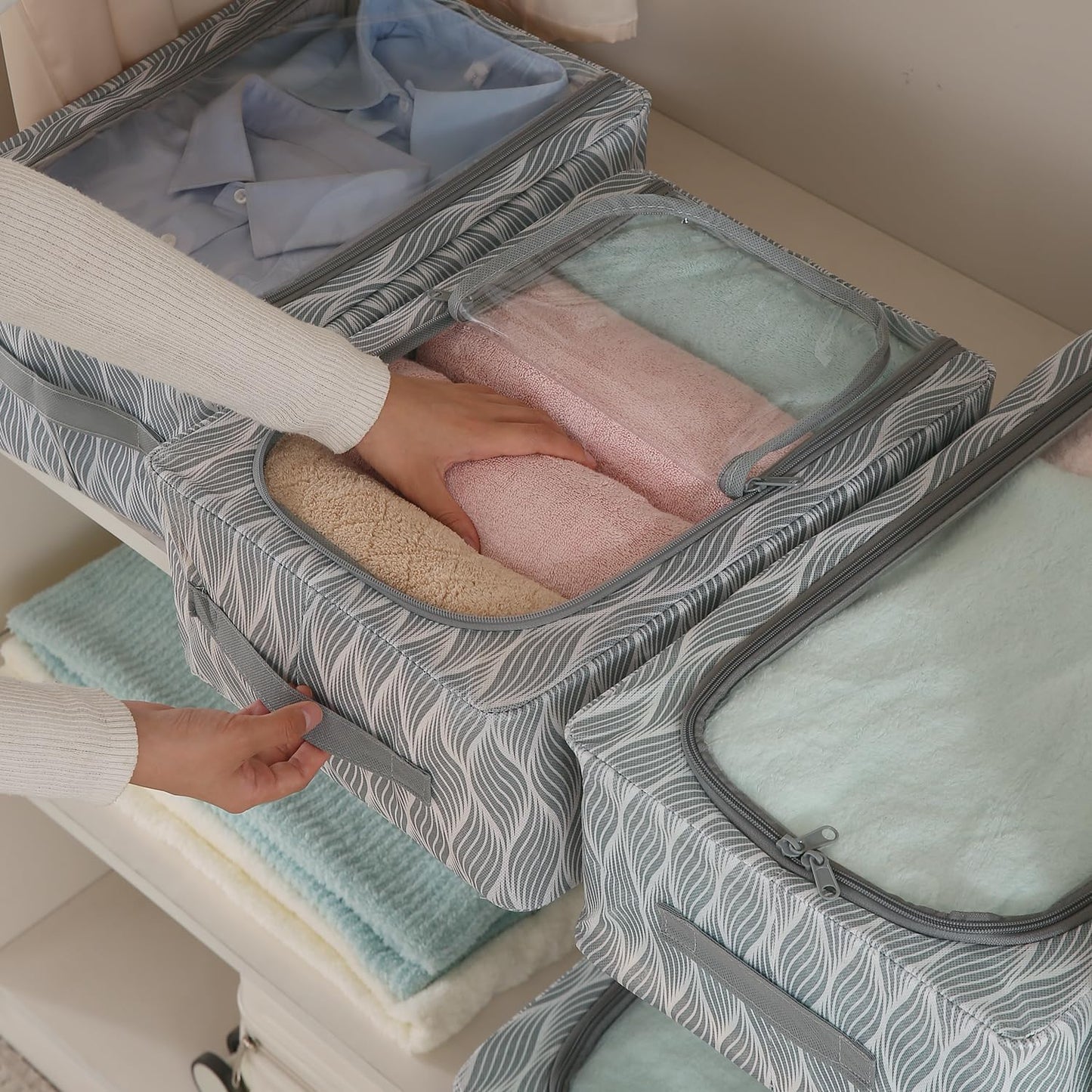 Cloth Organizer with Metal Frame | Moisture & Moth Resistant Wardrobe Organizer | Living Box for Clothes, Grey leaf