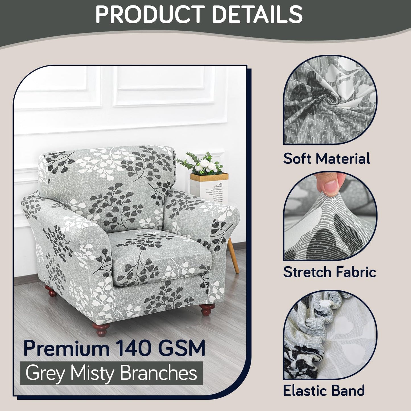 Printed Stretchable Sofa Slipcover with 1/2/3 Pc Separate Seat Cushion Cover for each 1/2/3 Seater, Grey Misty Branches