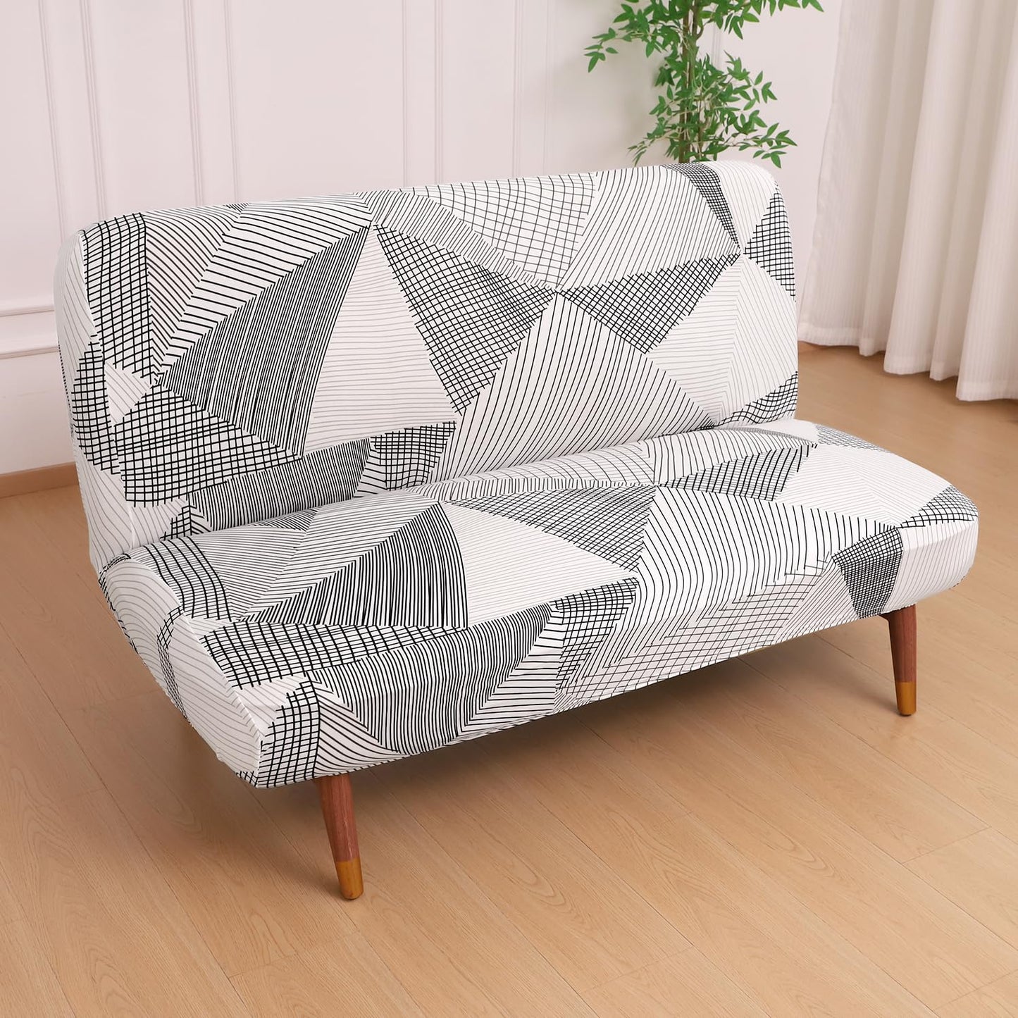 Elira Series Stretchable Elastic Armless Sofa Cover – 140 GSM, Futon Slipcover, Easy Fit, Snow White Black Geometry