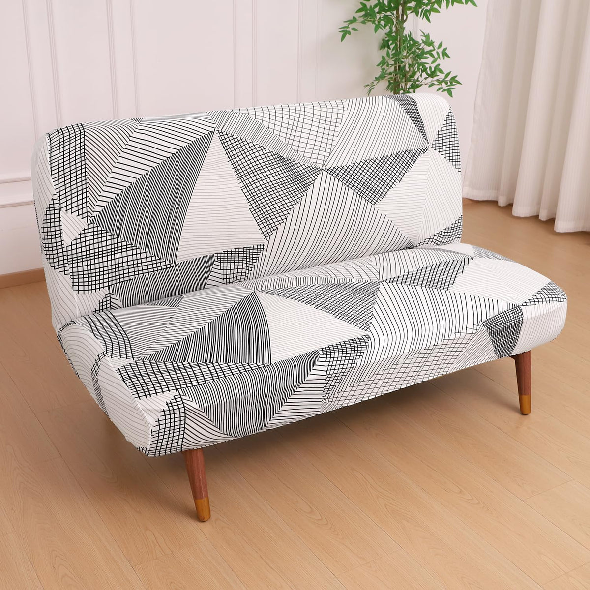 Buy Snow White Black Geometry Stretchable Armless Sofa Cover - HOKIPO