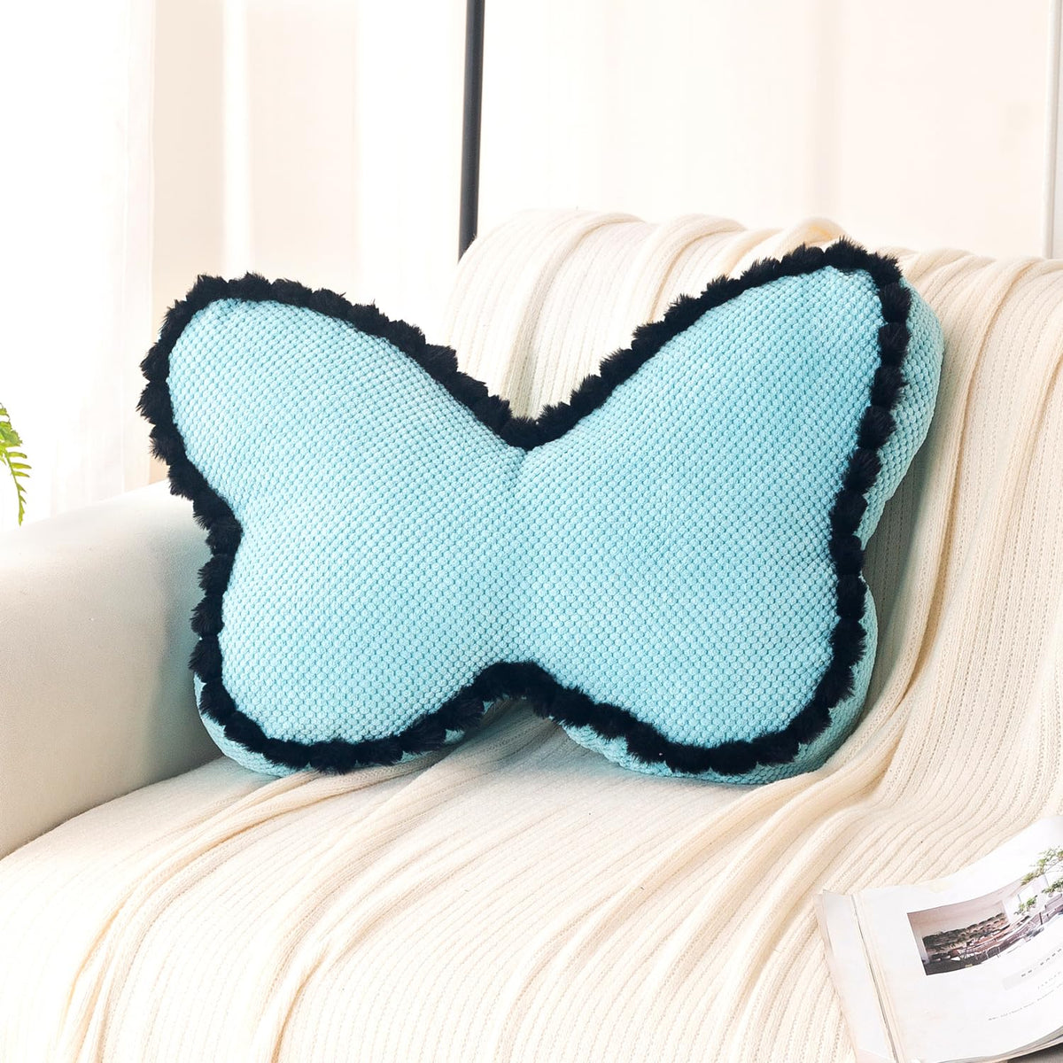HOKIPO Butterfly Shaped Cushion for Kids Room & Sofa, 53x33 cm, Blue