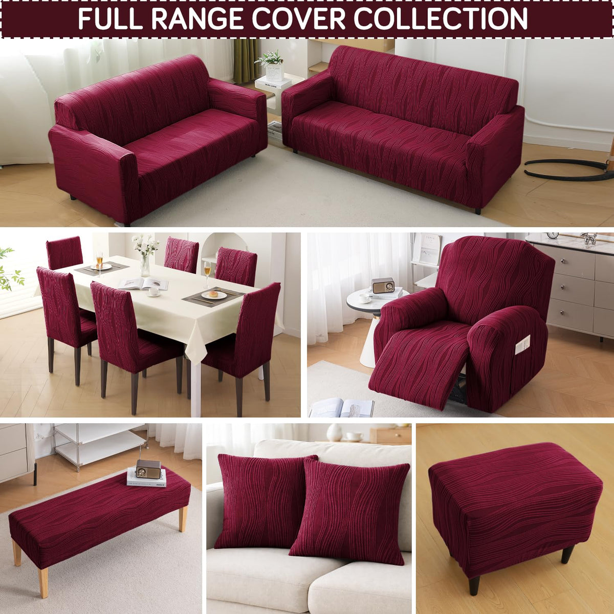 Buy HOKIPO premium 200gsm knitting jacquard covers in burgundy colour; perfect fit for Sofa, Recliner, Dining Bench, and Foot Stool