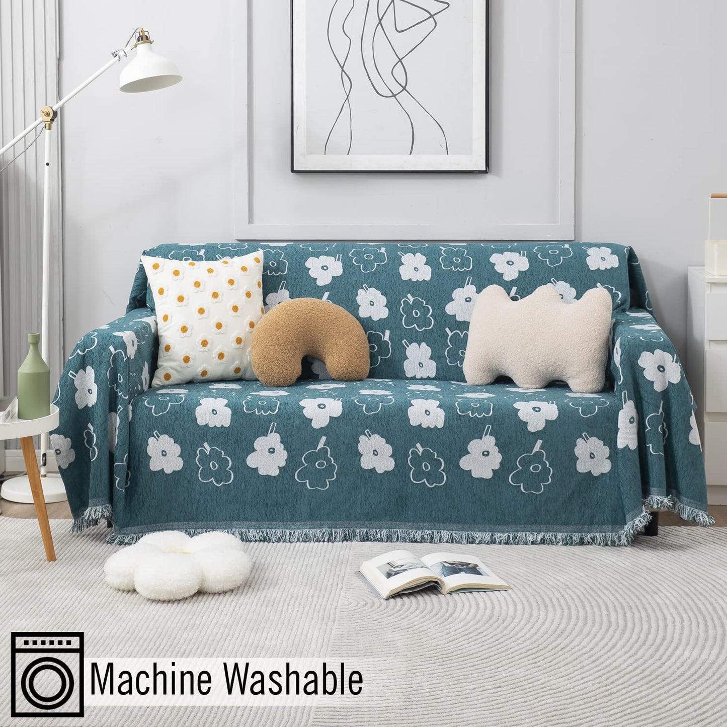 Thick, Soft and Pet Friendly Chenille Sofa Cover Throw, Teal Floral