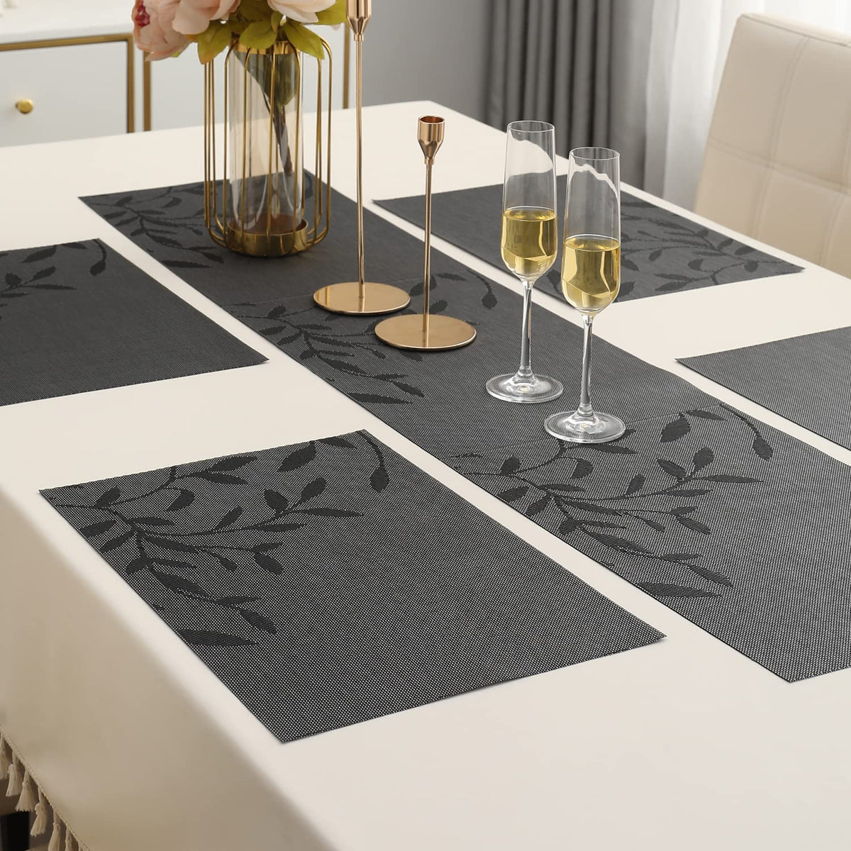 PVC Dining Table Mats, Black Leaves