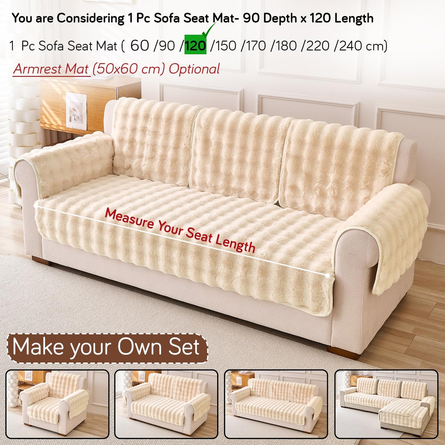 'FurHug' Premium Faux Rabbit Fur Sofa Seat Mats, Latte Brown