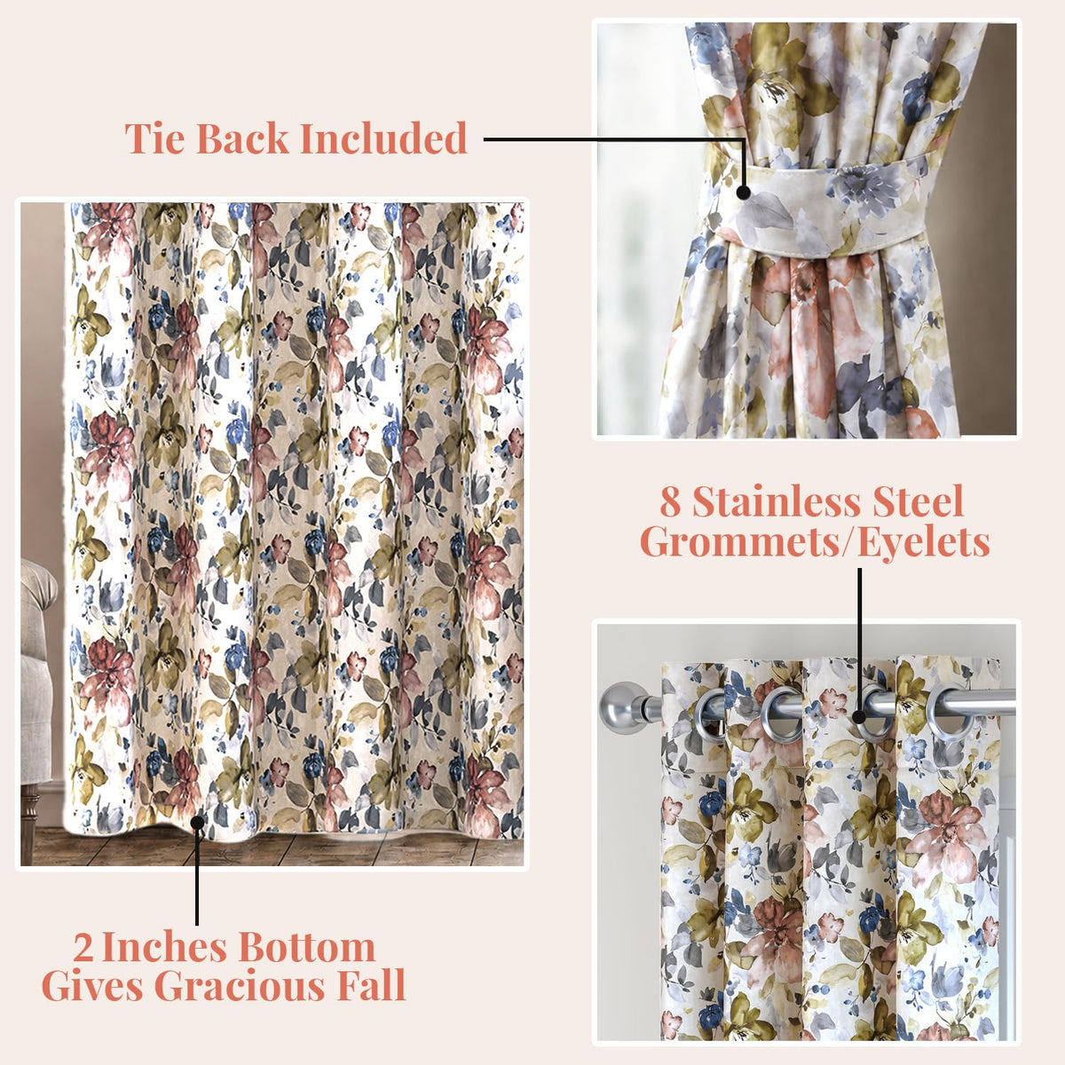 HOKIPO Bloomscape Eyelet Curtains, 7 Feet Long - Ivory Bloom - image 4