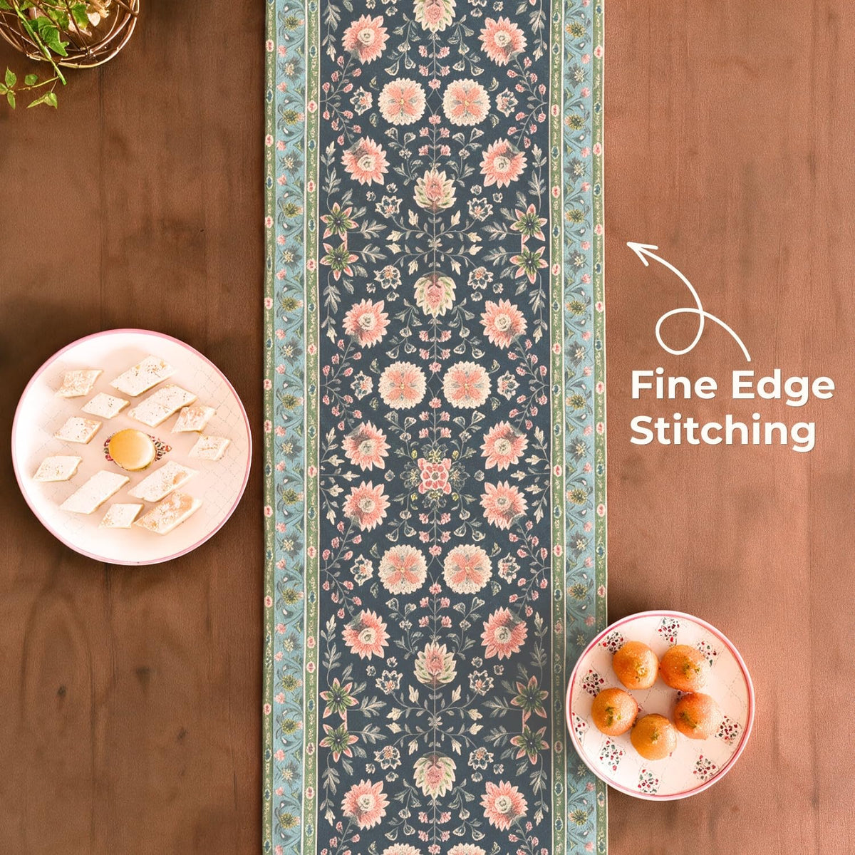 HOKIPO Floral Printed & Embroidered Table Runner, Charcoal Sage - image 4