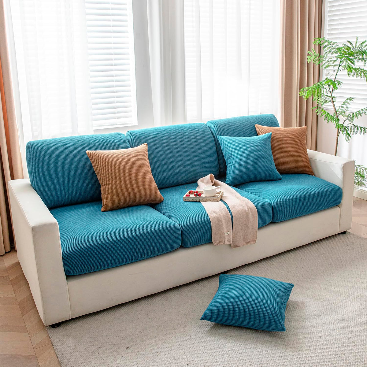 Luxurious Teal Colour Grid Jacquard Sofa Pillow Cover