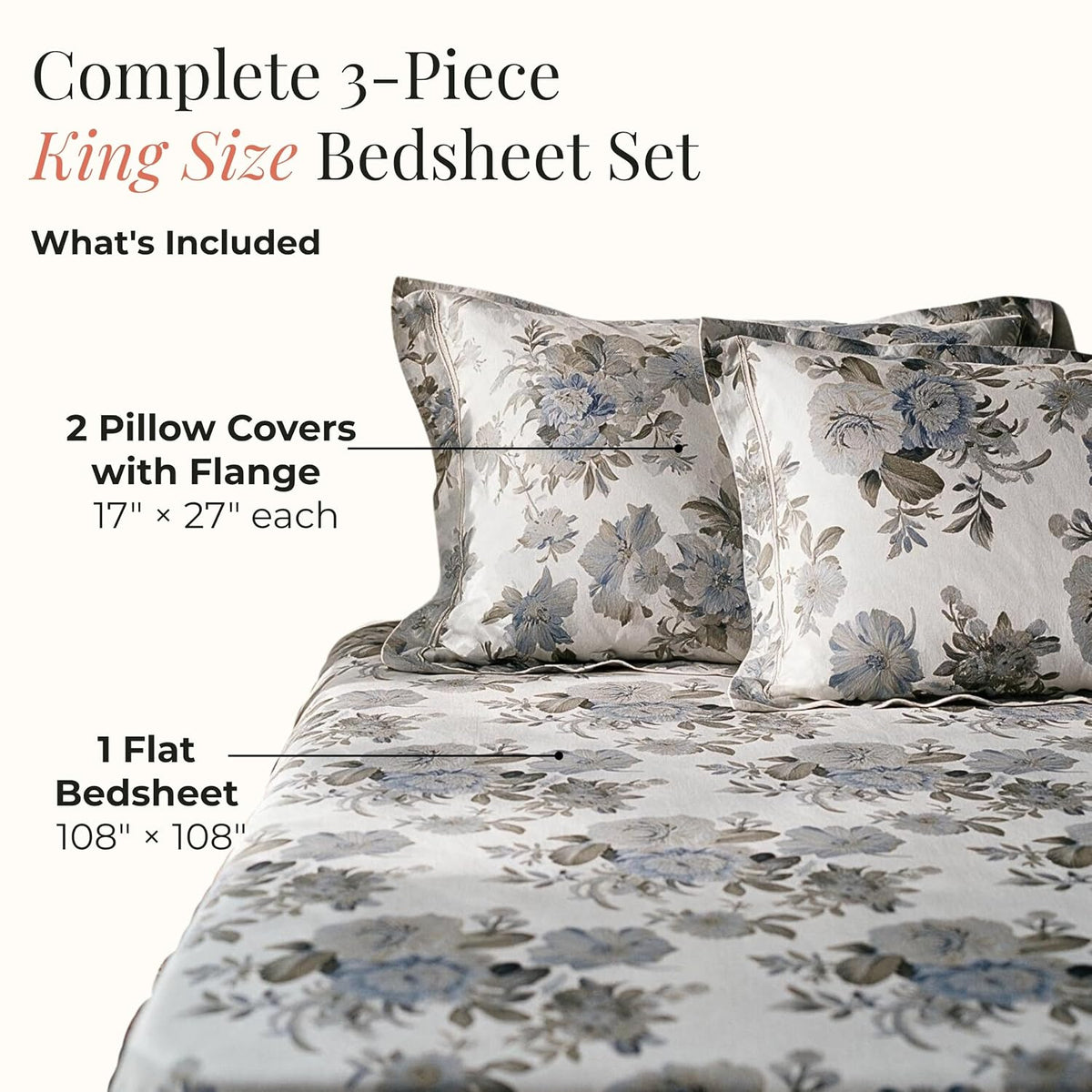HOKIPO Vintage 180 TC Cotton Percale Flat Bedsheet, King Size, Blue & Grey - image 5