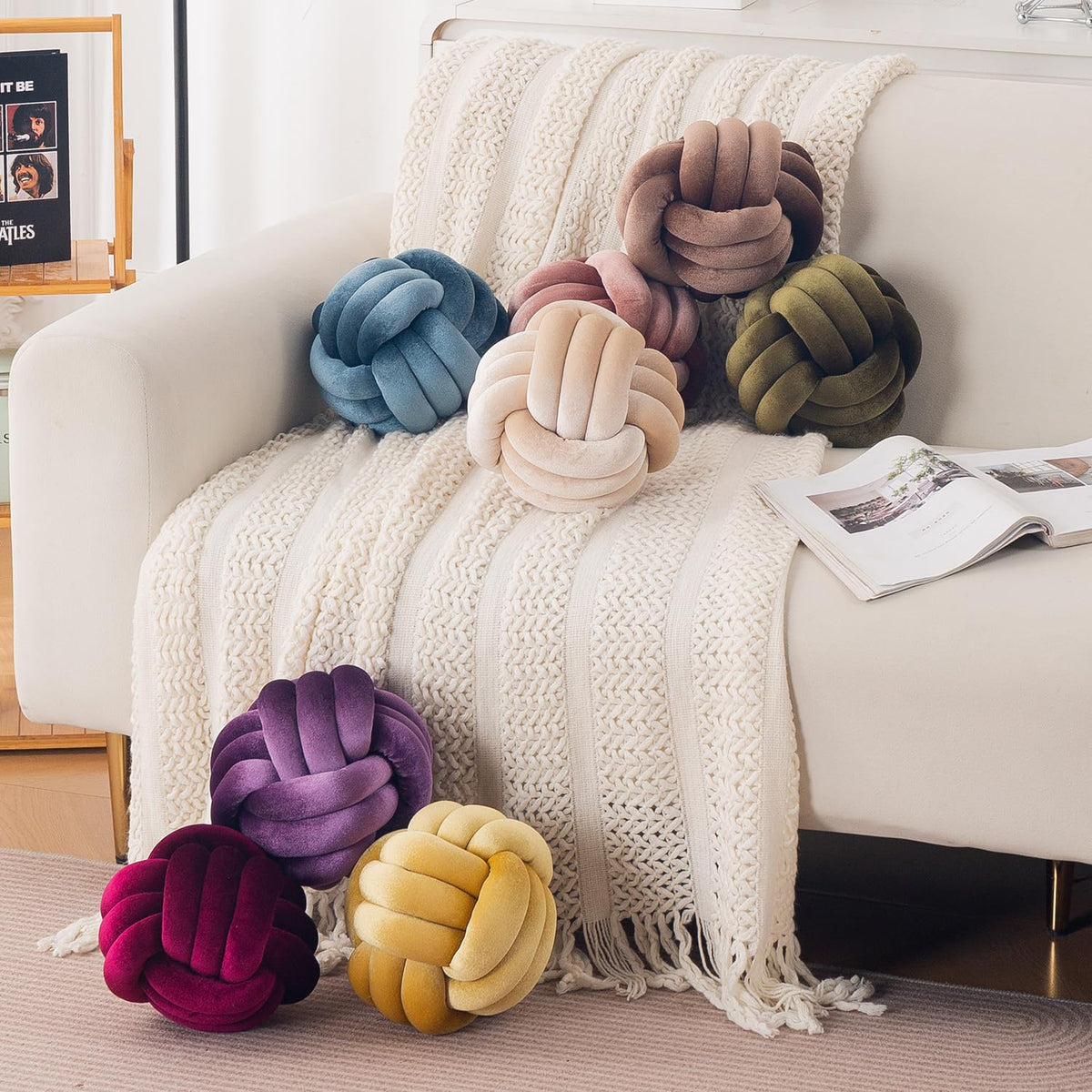 HOKIPO Velvet Knot Ball Cushion for Sofa & Bed, 20 cm, Cream