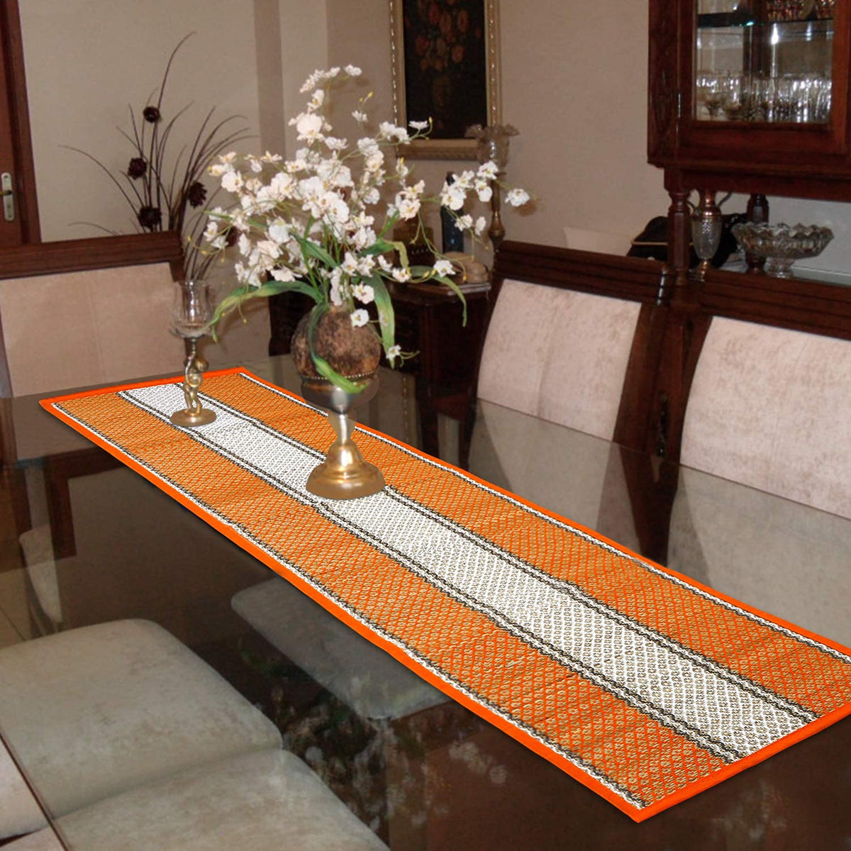 Buy Orange Colour Handmade Madurkathi Table Runner Online - HOKIPO | Har Ghar ka Humsafar