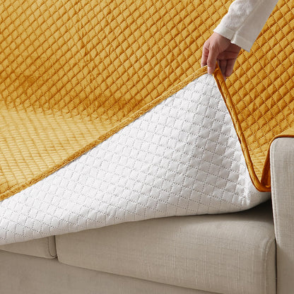 Quilted Velvet Sofa Cover Mat with Side Pockets, Pet Friendly, Mustard Yellow