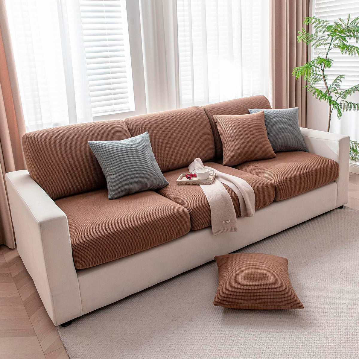 Luxurious Brown Colour Grid Jacquard Sofa Pillow Cover