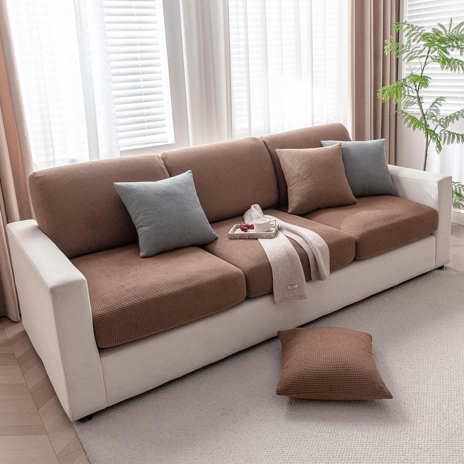 Luxurious Brown Colour Grid Jacquard Sofa Pillow Cover