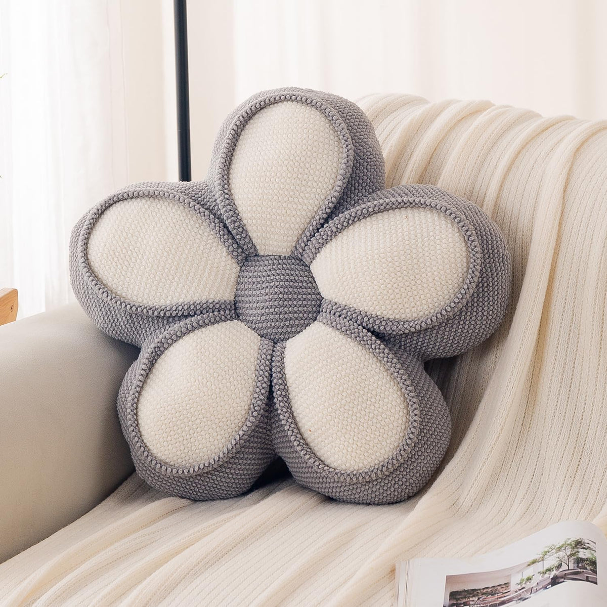 HOKIPO Daisy Petal Flower Cushion for Sofa & Bed, 47 cm, Grey
