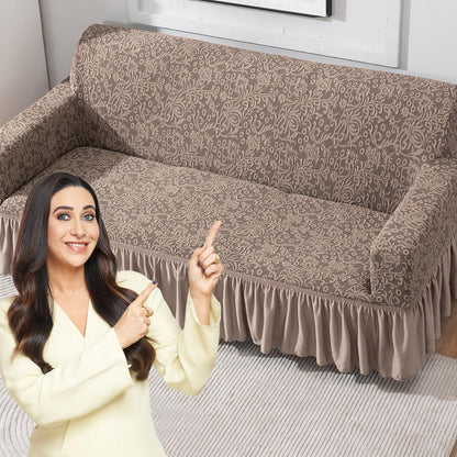 Elastic Stretchable Designer Woven Jacquard Sofa Cover with Frill, Light Taupe