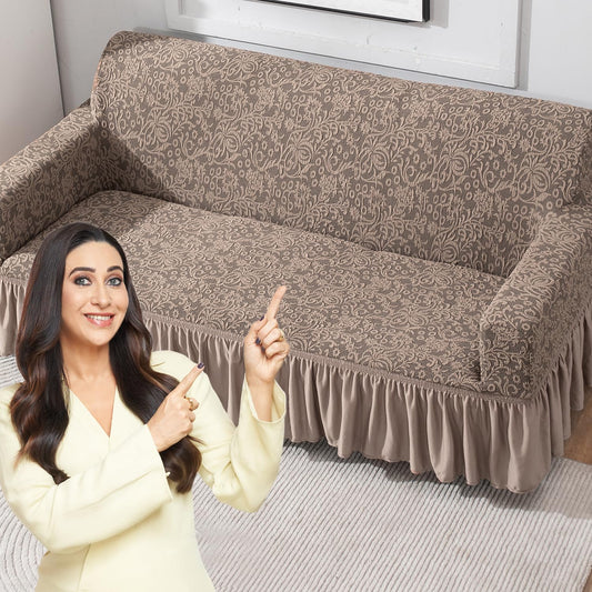 Elastic Stretchable Designer Woven Jacquard Sofa Cover with Frill, Light Taupe