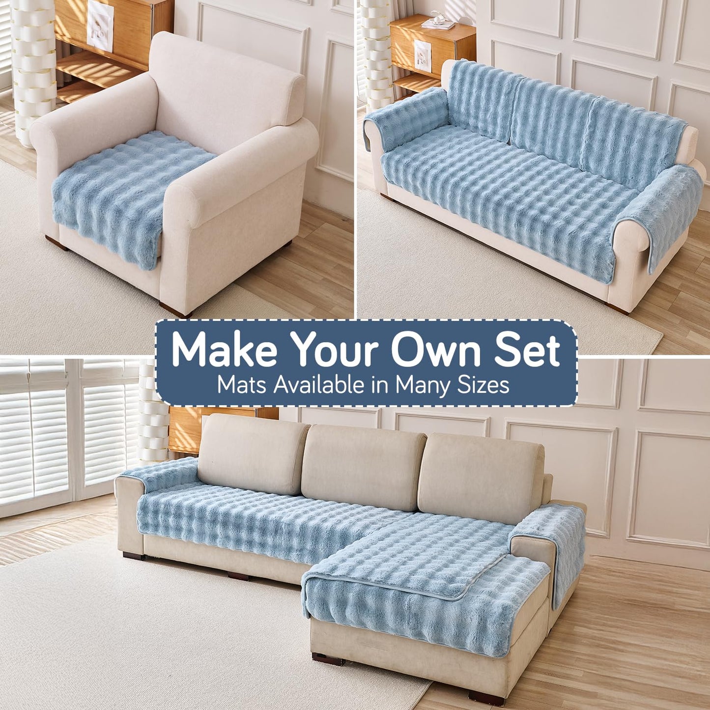 'FurHug' Premium Faux Rabbit Fur Sofa Seat Mats, Charm Blue