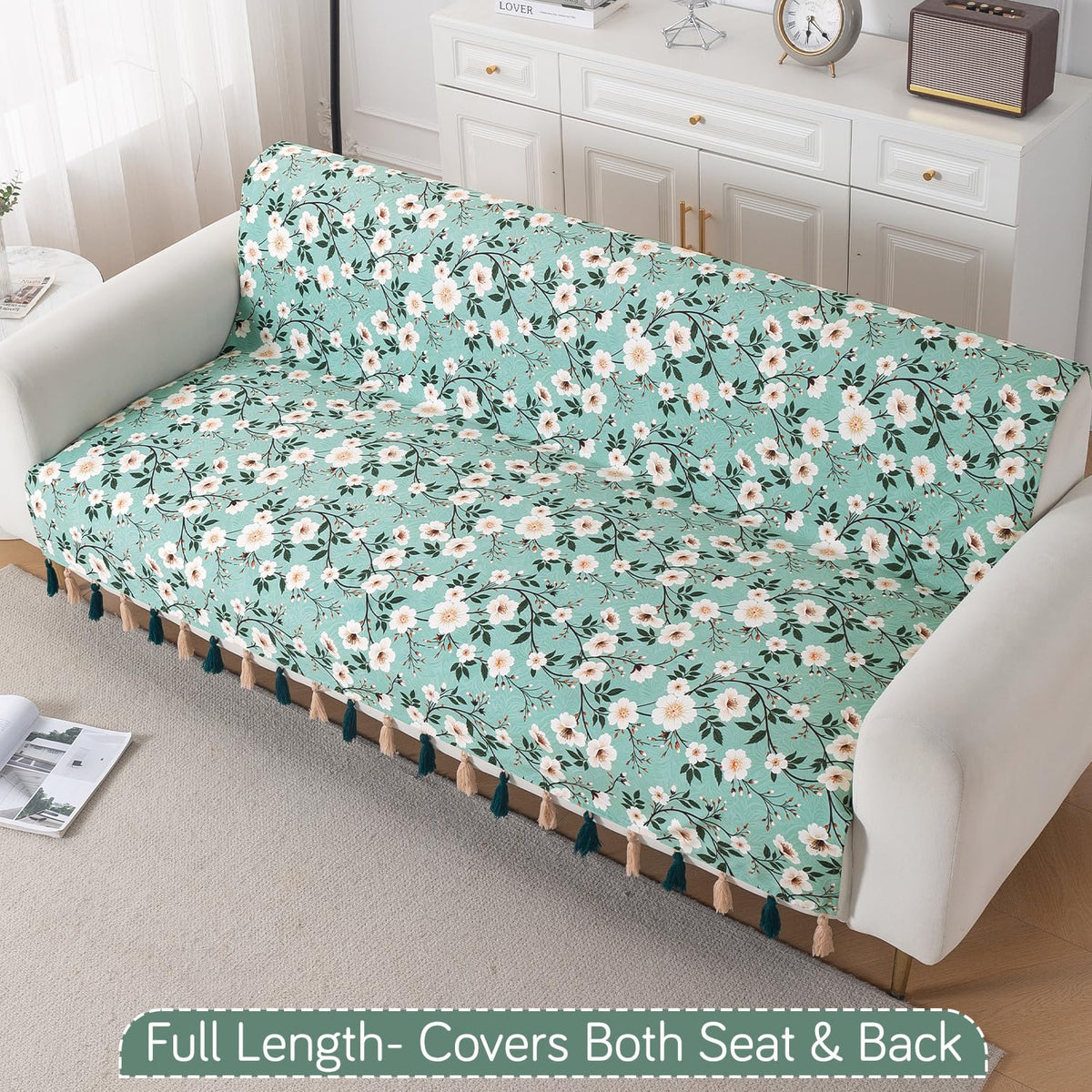 'Whispers of Nature' Series Holland Velvet Sofa Cover with Tassel, Sage Floral Vine