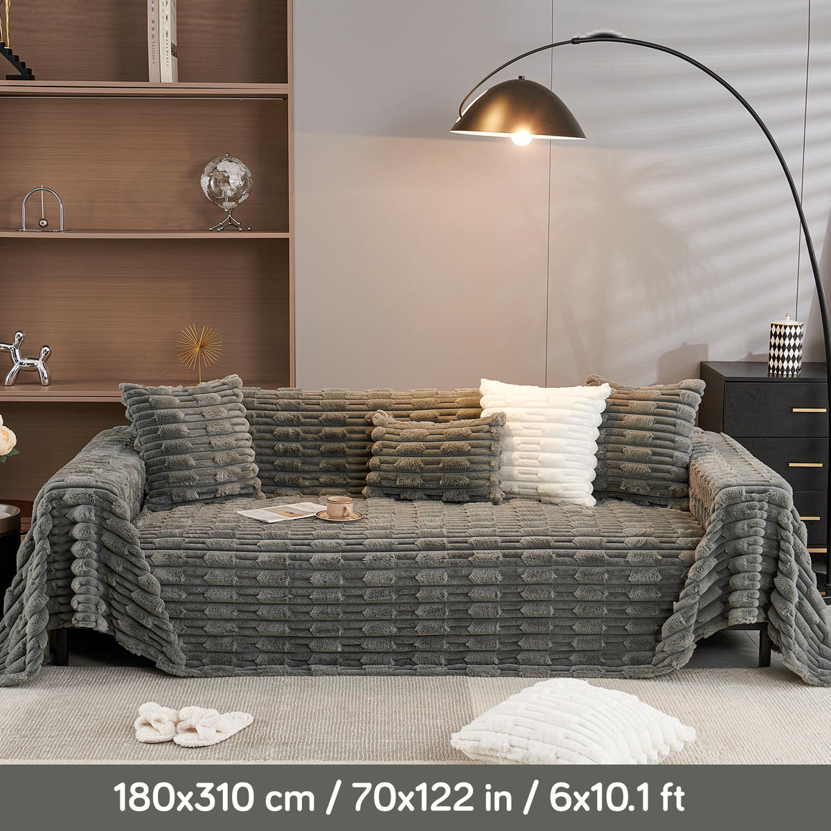 Charcoal Grey Luxury Waxy Faux Rabbit Fluffy Plush Sofa Throw Available for 1/2/3 seater sofas | HOKIPO