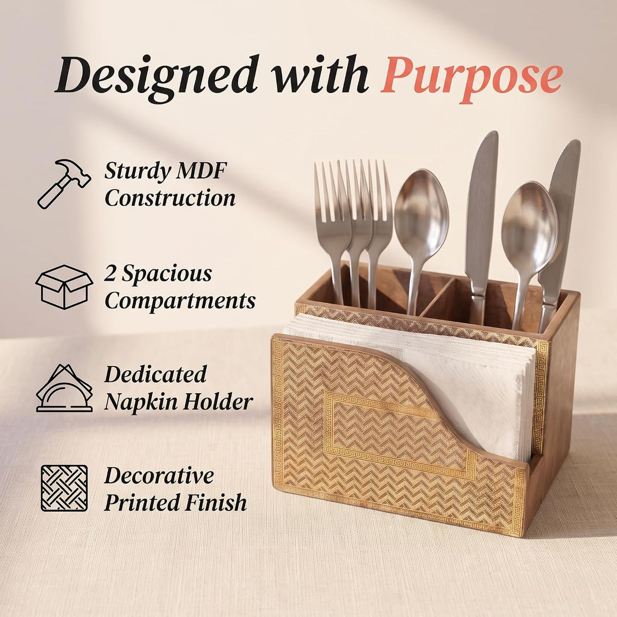 HOKIPO Cutlery Holder with Napkin Stand, Engineered Wood, Noir Chevron - image 2