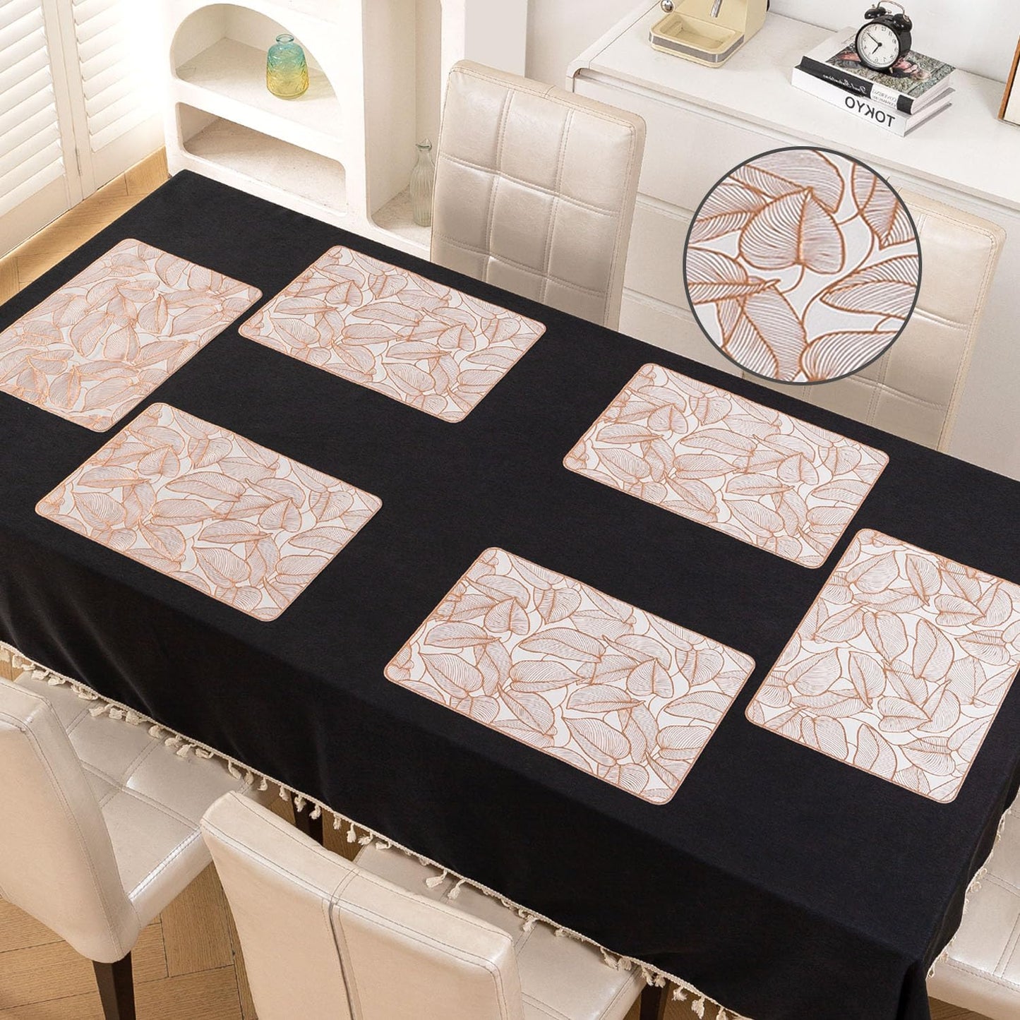 Metallic Glow Shining Mats for Dining Table, Philodendron Leaves - Copper