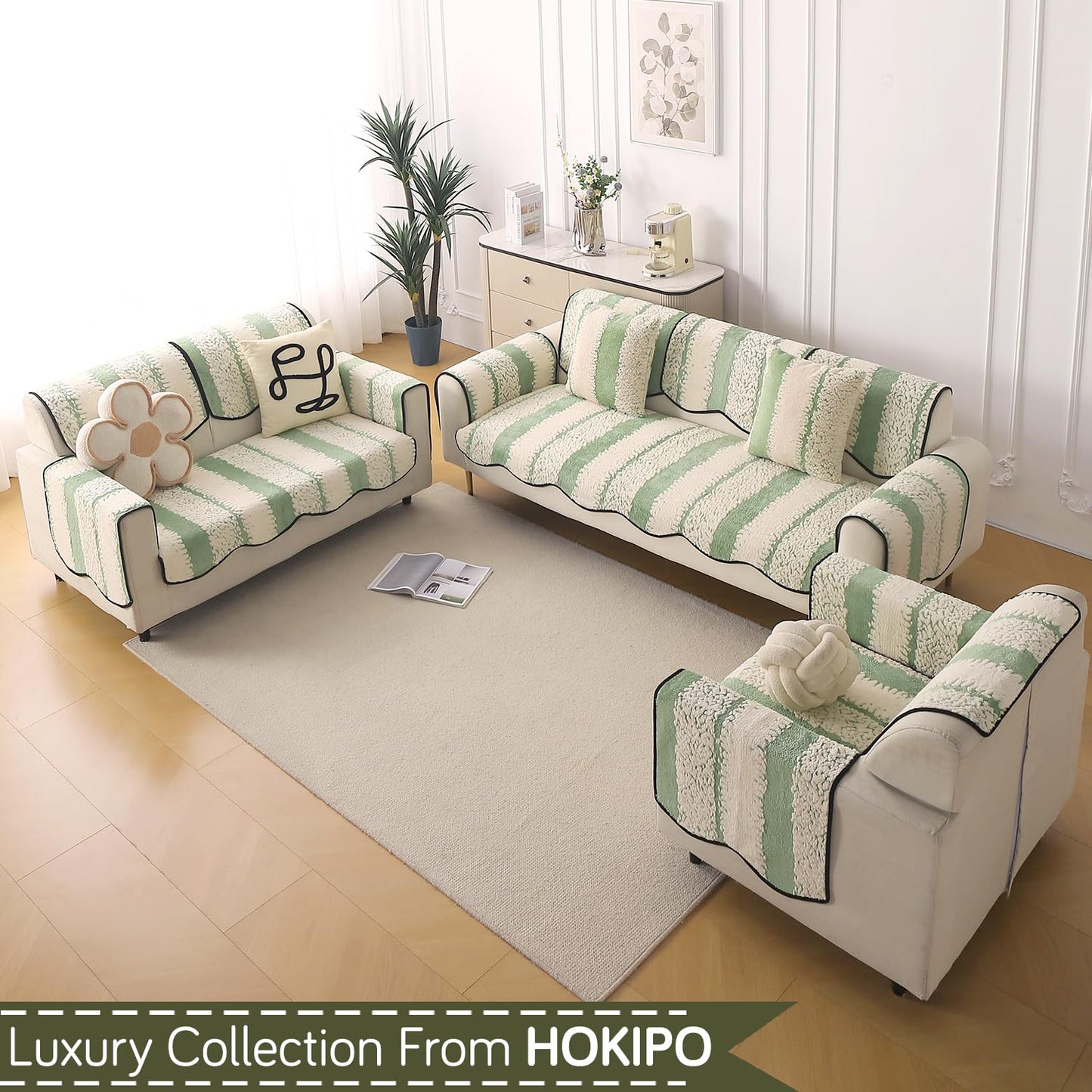 Luxury Wavy Anti Slip Plush Sofa Cover Mat, Pistachio Green