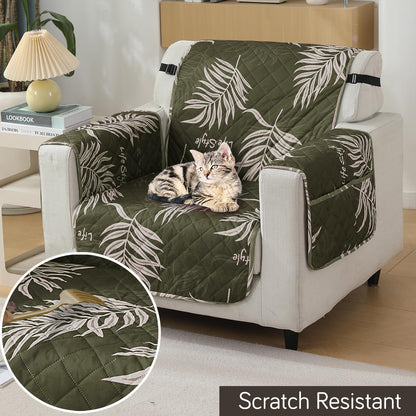 Quilted Waterproof Sofa Cover Mat with Pockets on Armrest Cover - Palm Leaves Olive