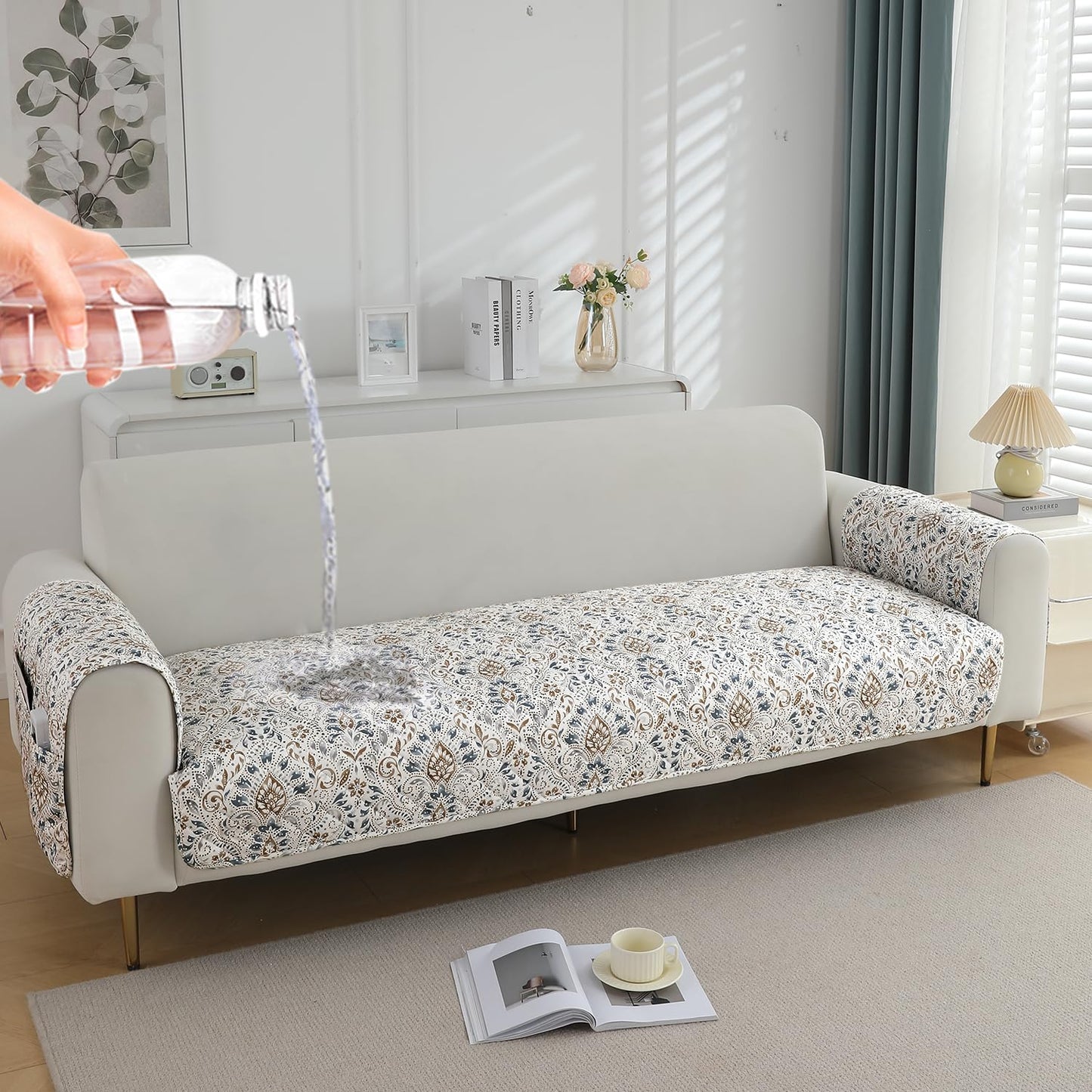 HOKIPO Quilted Waterproof Sofa Seat Mat with 2 Armrest Covers with Pockets, Damask White