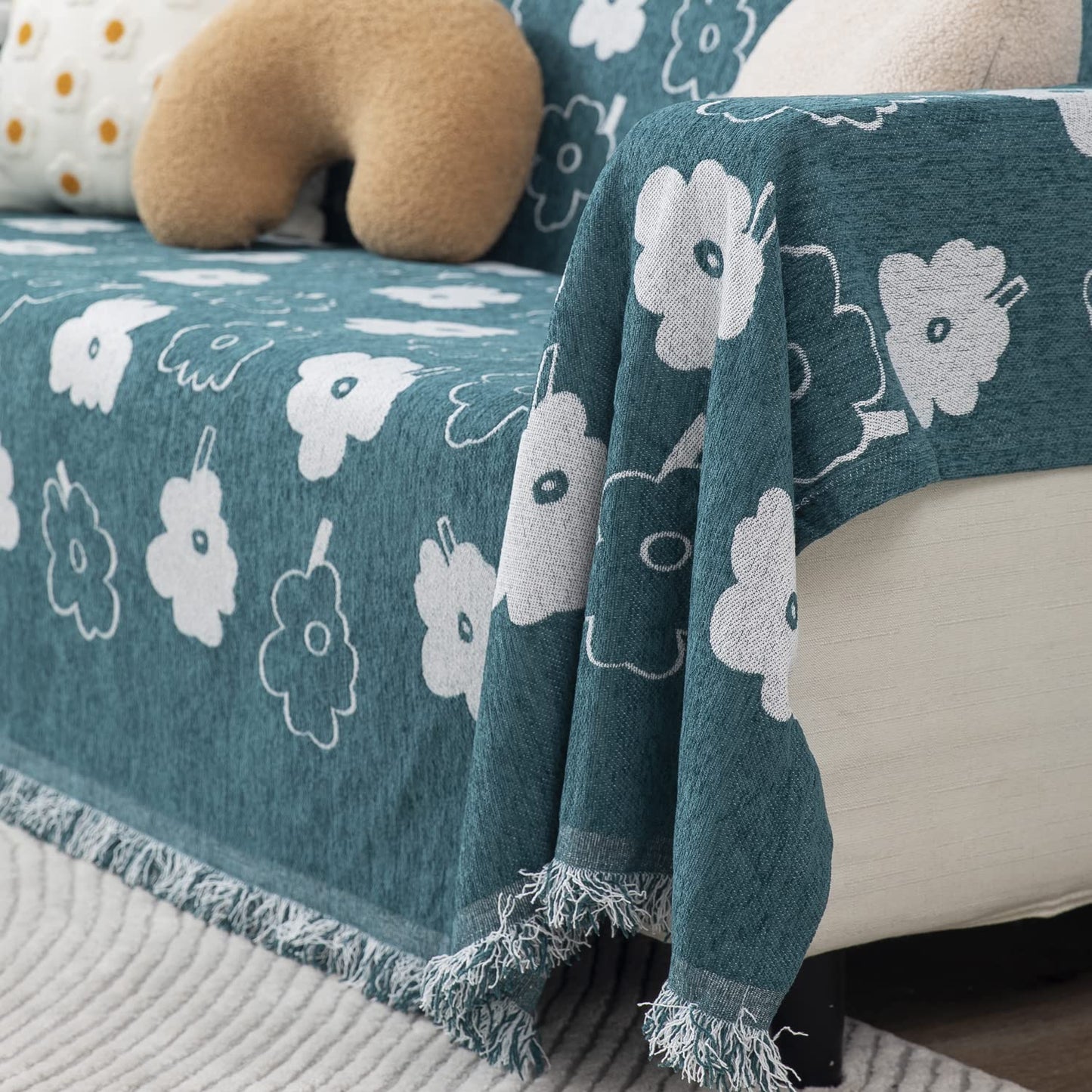 Thick, Soft and Pet Friendly Chenille Sofa Cover Throw, Teal Floral