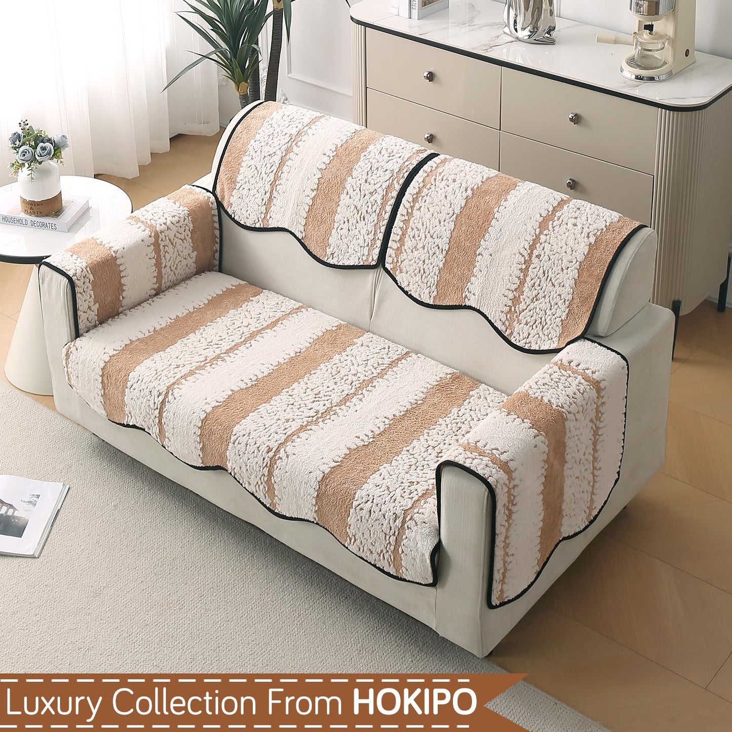 Luxury Sofa Cover Set | Seat, Back & Arm Covers | Anti-Slip Wavy Mat – Desert Brown