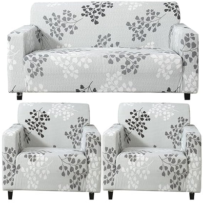 Elastic Stretchable Printed Sofa Cover, Grey Leaves