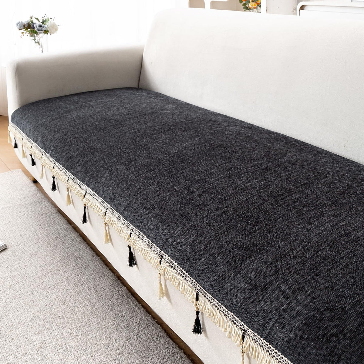 Serenity Tassel Chenille Sofa Cover with Tassel – Midnight Graphite