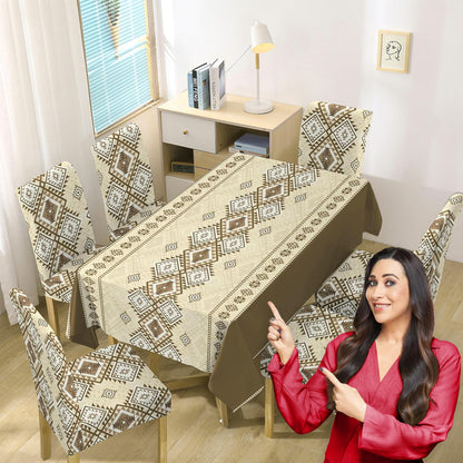 Moss Brown Printed Dining Table Cover with Chair Covers | 4/6 Seater
