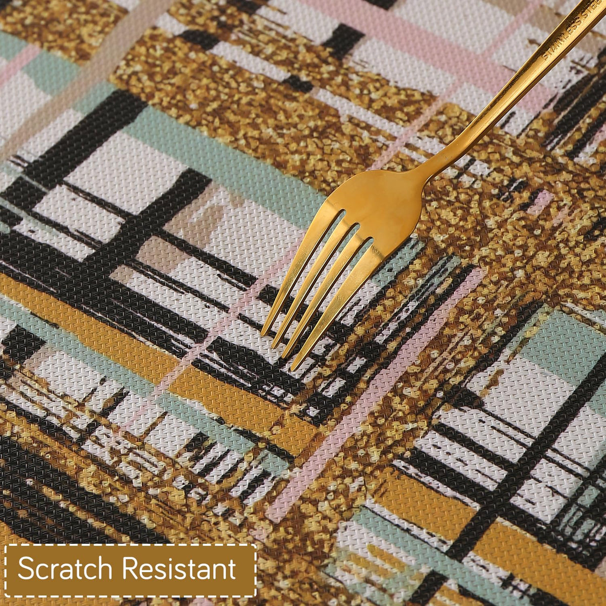 Marble Fusion PVC Mats for Dining Table, Crosshatch - Mustard Gold