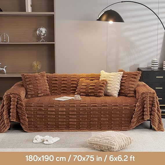 Three seater Russet Brown Luxury Waxy Faux Rabbit Fluffy Plush Sofa Throw | HOKIPO 